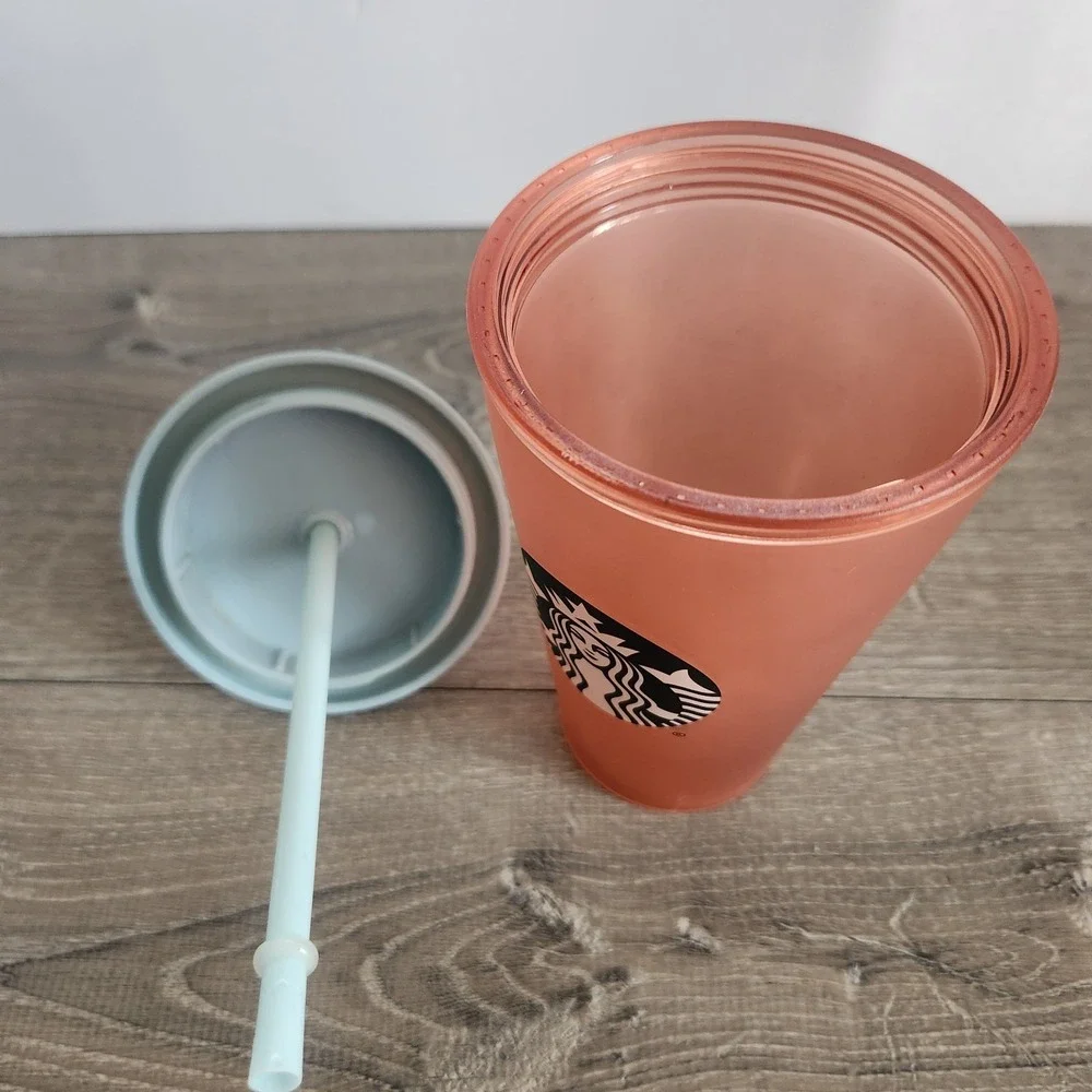 Starbucks Matte Peach Pink Floral 16Oz Grande Mermaid Logo Cold Cup Tumbler READ